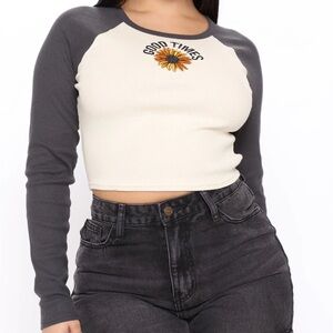 Fashion Nova Cream and Gray Crop Top with Crew Neck